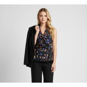 CAbi 3077 Abstract Black Multicolored Ruched Wrap Sleeveless Career Blouse SZ M